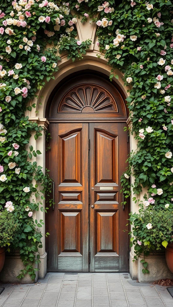 Vintage arched door surrounded by climbing vines and flowers