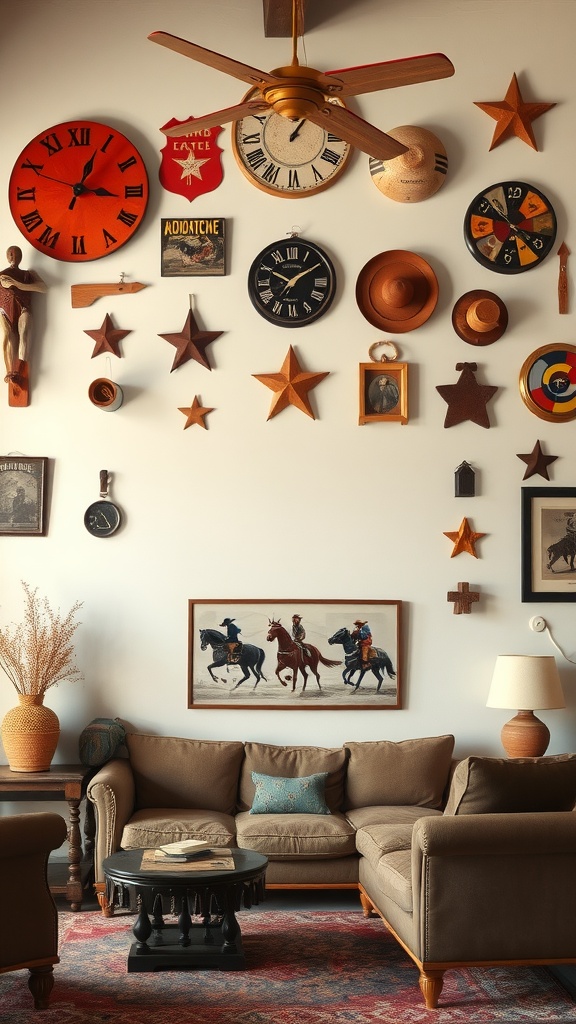 A vintage-inspired living room featuring rodeo memorabilia on the wall, with a cozy seating area.