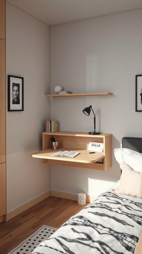 A small wall-mounted desk with a lamp and books in a minimal bedroom setting.