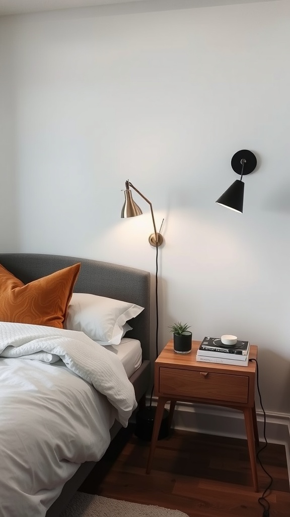 A small bedroom featuring wall-mounted lighting, showcasing a cozy bed and stylish bedside table.
