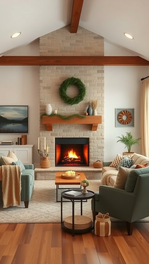 Cozy ranch-style living room with a warm fireplace, comfortable seating, and rustic decor.