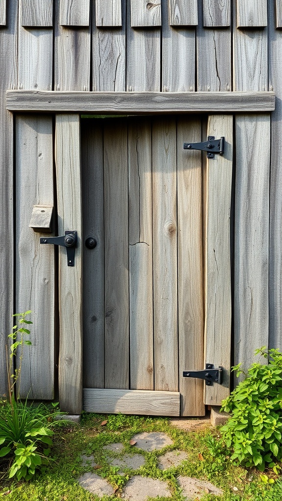 Weathered barn door with antique hardware surrounded by greenery