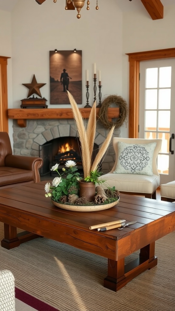 A Western-inspired coffee table centerpiece featuring dried grasses and fresh flowers in a rustic living room.