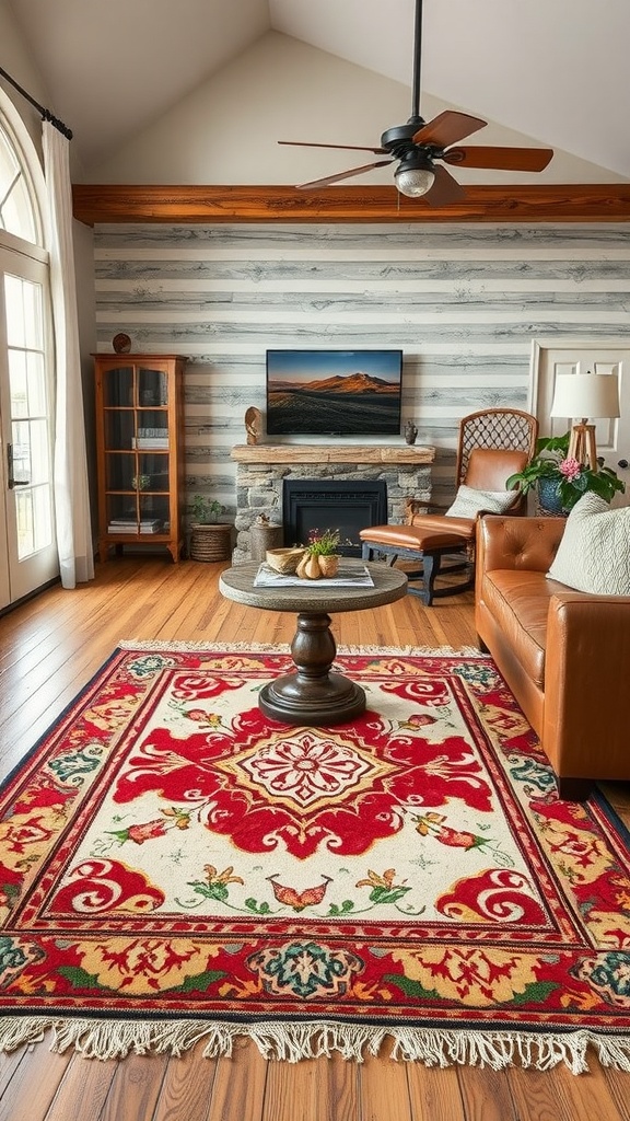 A western-themed area rug in a ranch-style living room with a stone fireplace and leather furniture.
