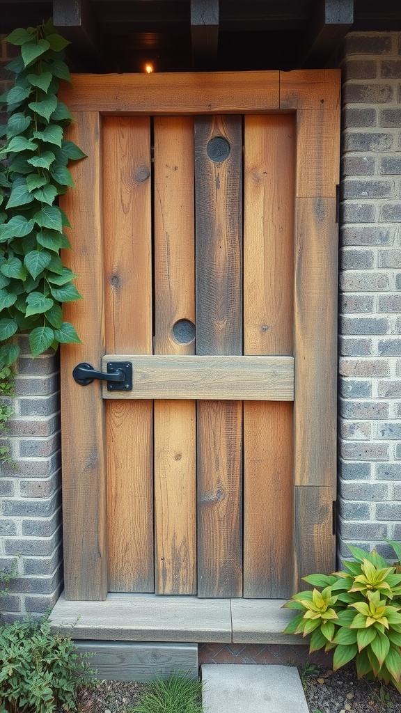 A rustic wooden pallet door with a reclaimed look, featuring circular cutouts and surrounded by greenery.