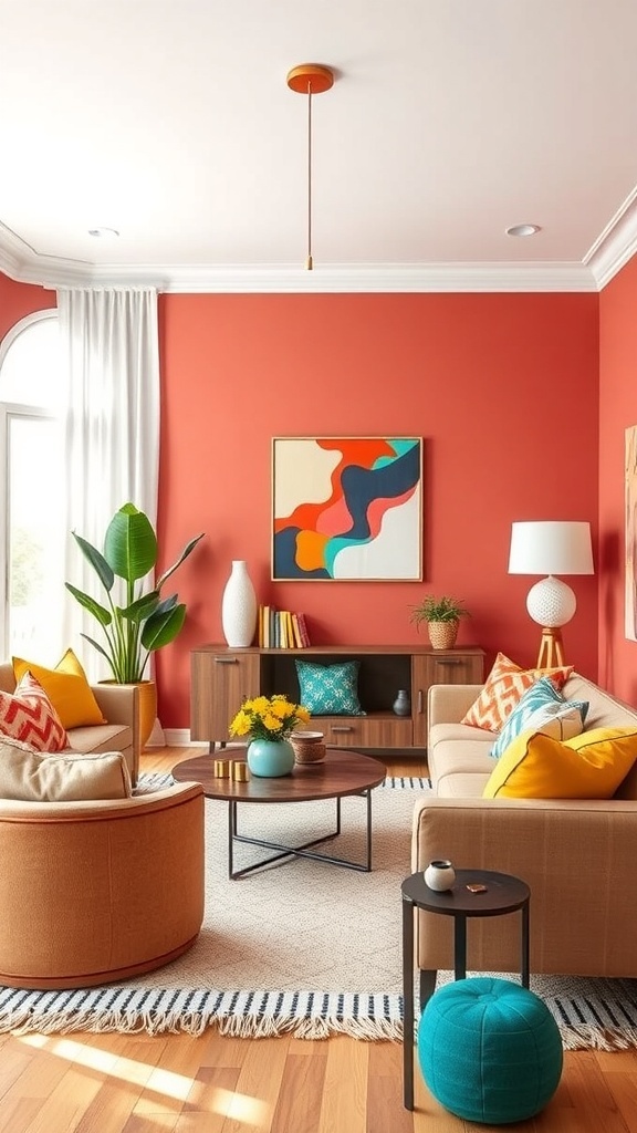 A bright living room with coral walls, colorful cushions, and modern furniture.