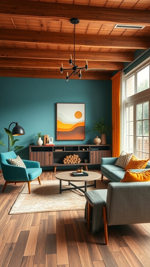Mid-century modern living room with teal walls, turquoise furniture, and warm accents.