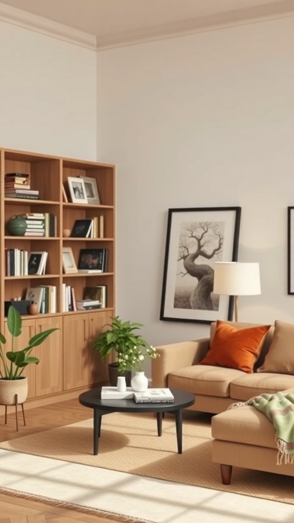 Cozy living room with corner shelves filled with books and decorative items, featuring a beige couch and green plants.
