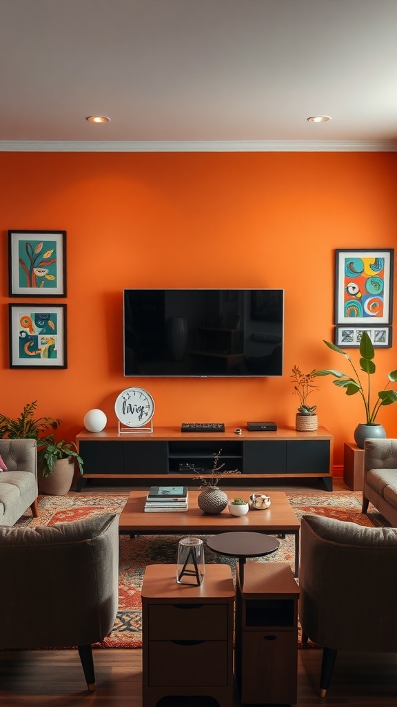 A living room with an orange accent wall behind a TV, featuring modern furniture and colorful artwork.