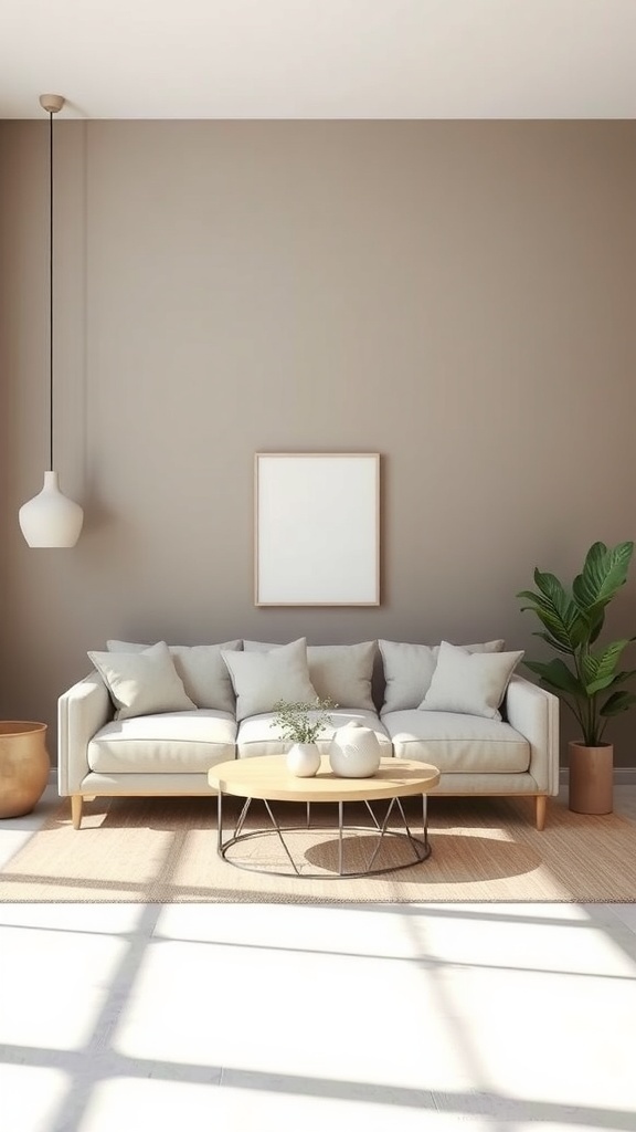 A minimalist living room featuring a light-colored couch, round coffee table, and a potted plant against a neutral wall.