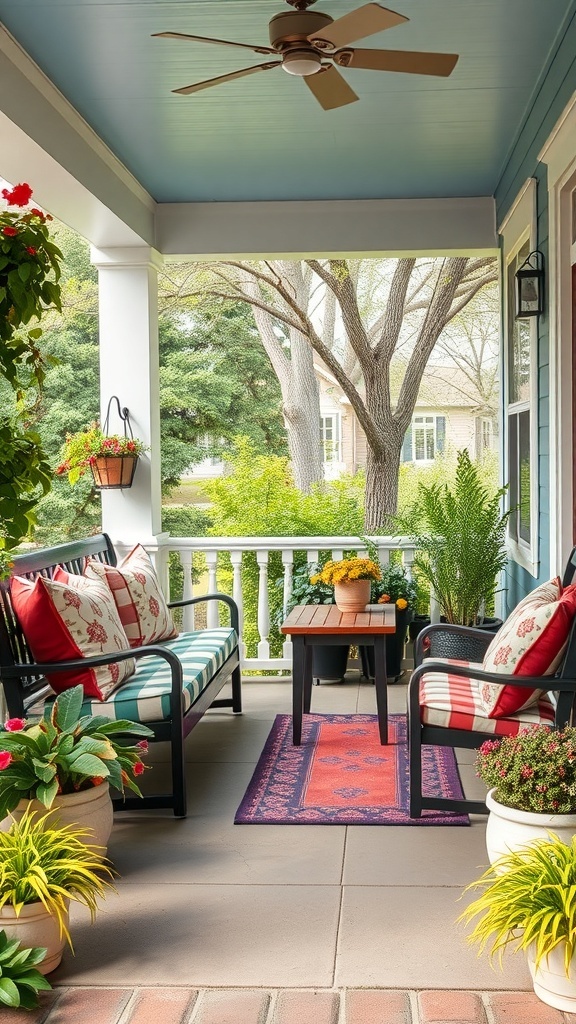 Cozy seating arrangement on a front porch with plants and a small table.