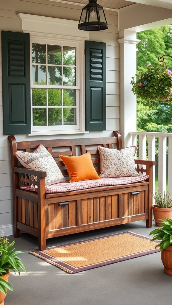 A wooden bench with storage on a porch, adorned with cushions and surrounded by potted plants.