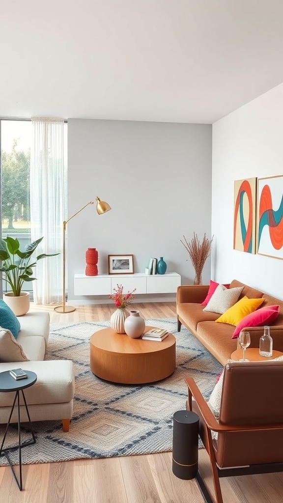 A modern living room featuring a neutral color palette with colorful accents, plants, and stylish furniture.