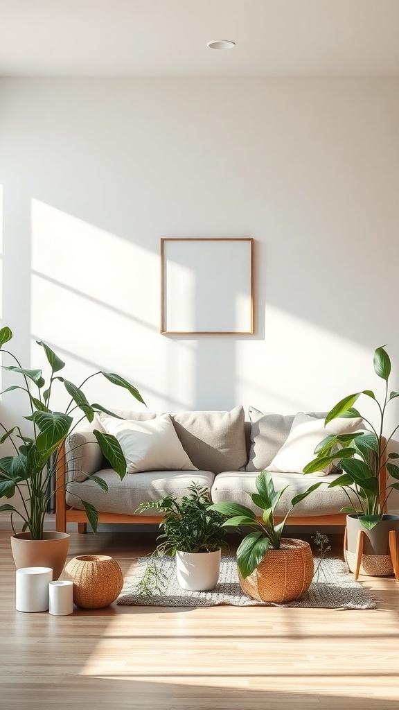 A bright living room with a sofa and various indoor plants, showcasing a green and fresh atmosphere.