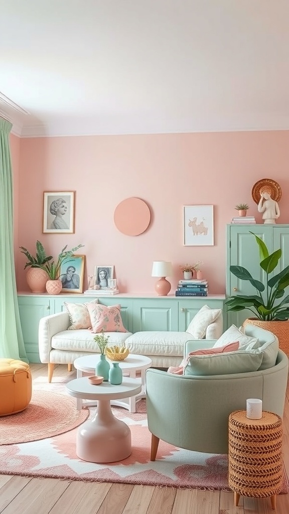 A living room featuring pastel pink walls and mint green furniture, decorated with plants and cozy accessories.