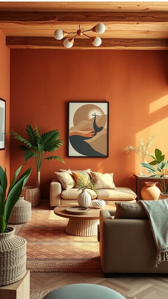 A cozy living room featuring warm terracotta walls, light furniture, and plants.