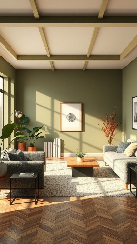 A stylish living room featuring olive green walls, gray sofas, and natural light.