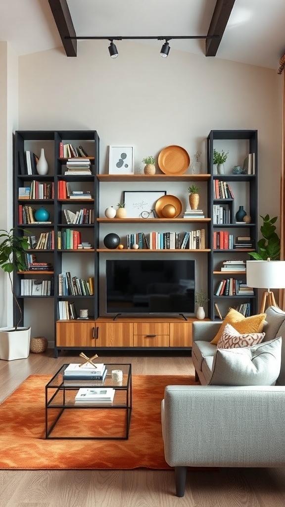 A modern living room featuring functional and aesthetic shelving with books, decorative items, and plants.