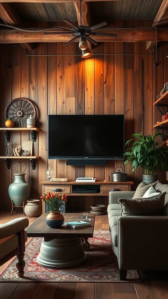 Cozy living room with rustic wooden walls, a mounted TV, and decorative shelves.