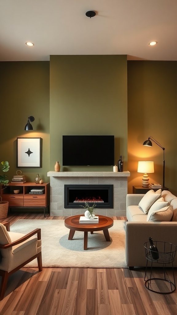 A cozy olive green living room with stylish lighting options.