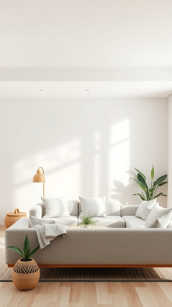 A bright and airy living room with a neutral sofa, plants, and natural light.