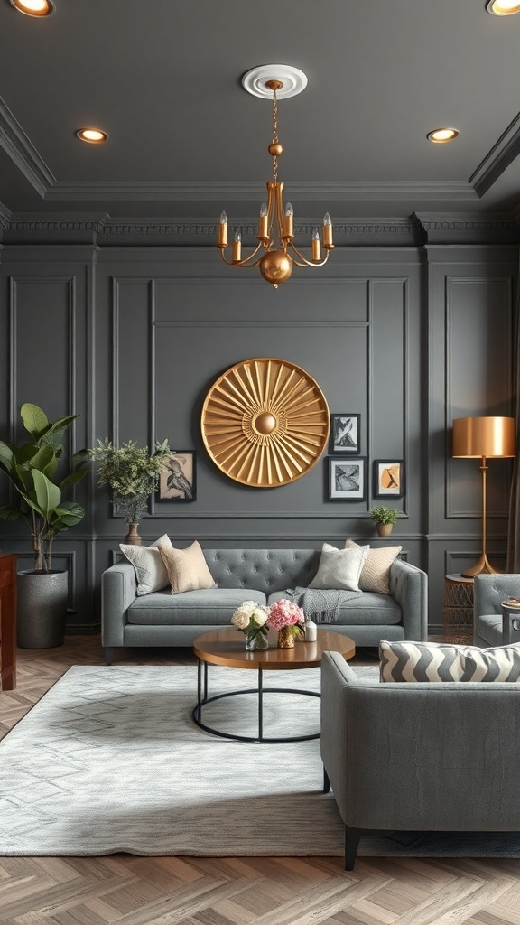 A stylish living room featuring gray walls, gray sofas, gold accents, and decorative plants.