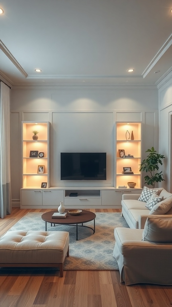 Living room with illuminated shelves showcasing decorative items and a cozy atmosphere