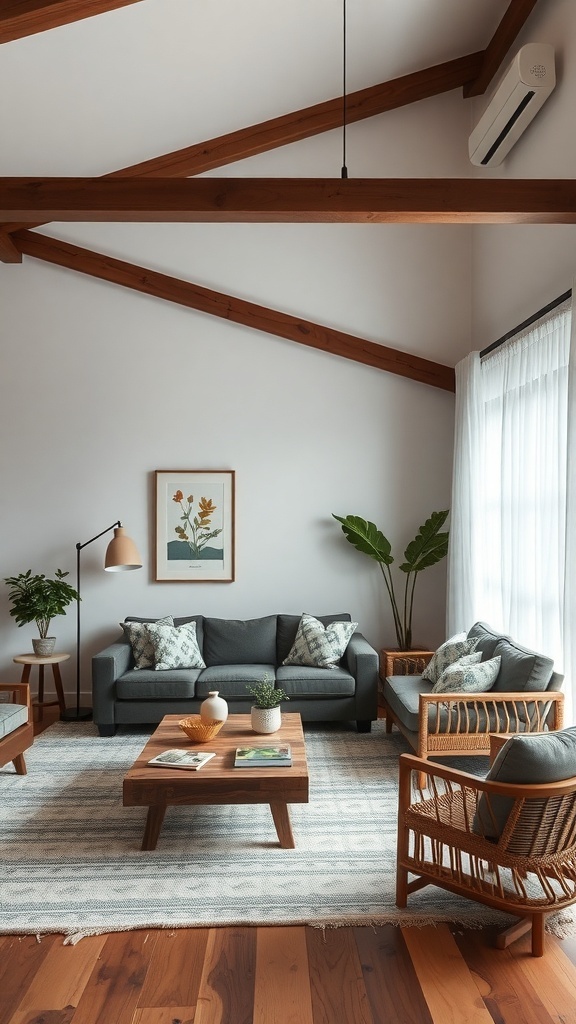 A modern living room featuring sustainable furniture, wooden beams, and plants.