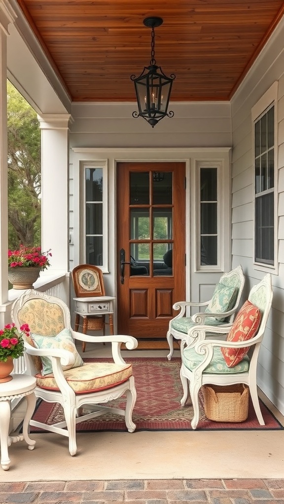 A cozy front porch featuring vintage furniture, including two elegant chairs with cushions, a small round table, and a hanging lantern.