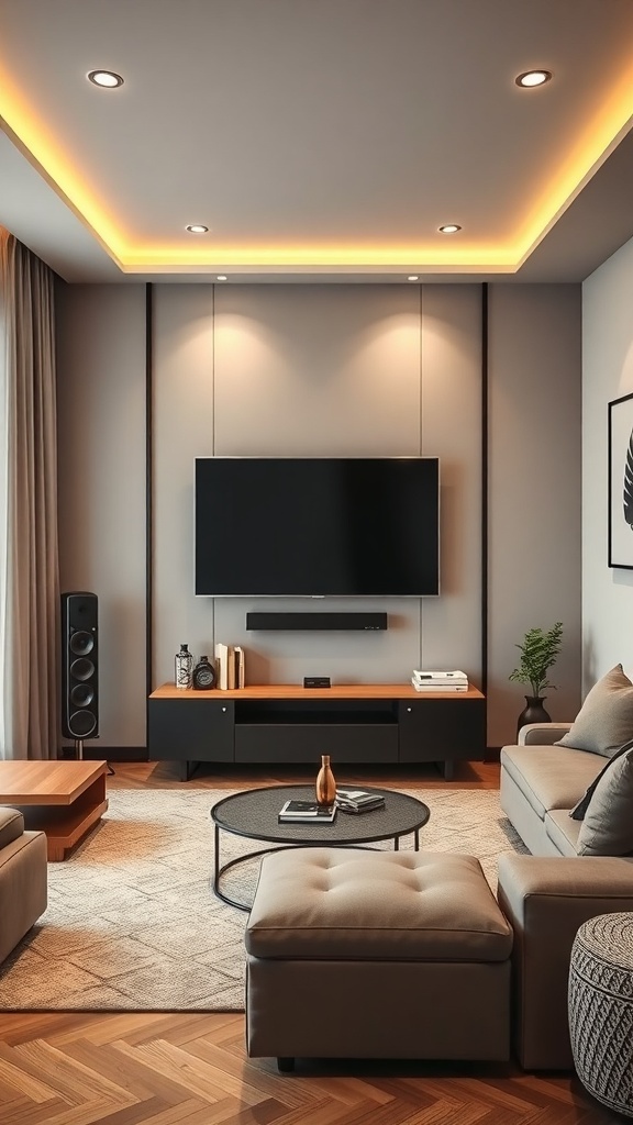 Stylish TV wall setup in a small living room with warm lighting and modern furniture.