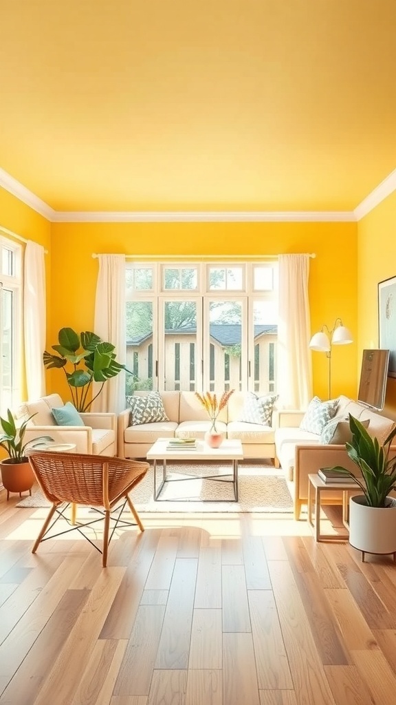 A bright living room with sunny yellow walls and ceiling, featuring light-colored furniture and plants.