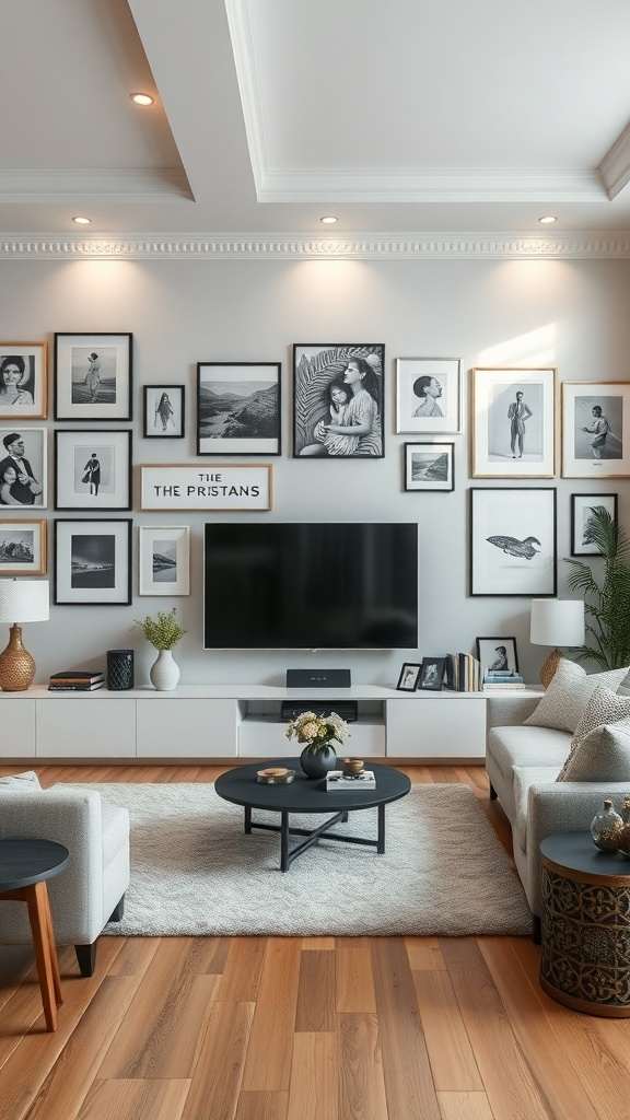 A living room featuring a gallery wall with framed black and white photos and a flat-screen TV integrated into the design.