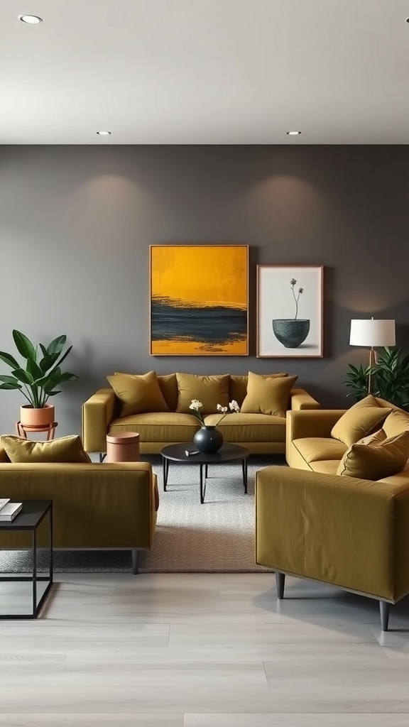 Modern living room featuring olive green sofas, gray walls, and plants.