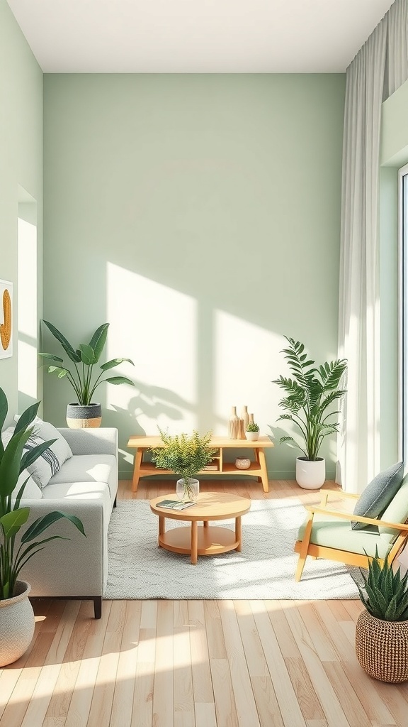 A bright living room featuring soft sage green walls, light wood flooring, and plants.