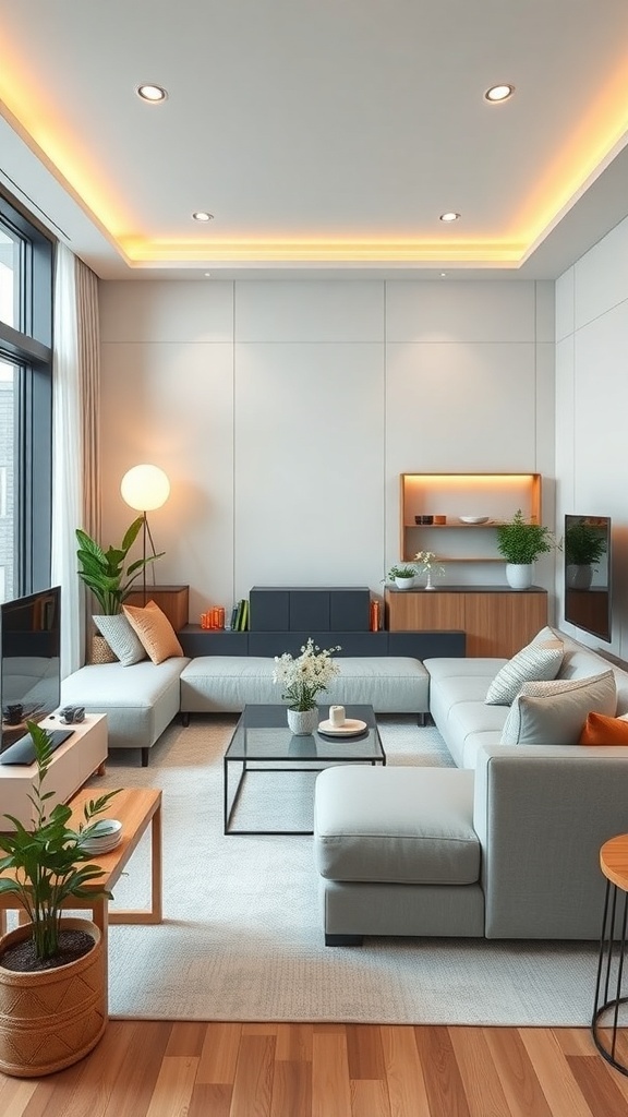 A modern green living room with smart home technology and plants.