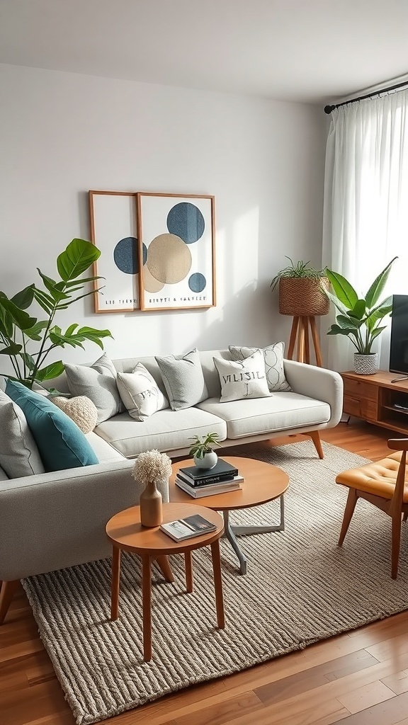A mid-century modern living room featuring a light gray sofa with patterned cushions, a woven rug, wooden furniture, and geometric artwork.