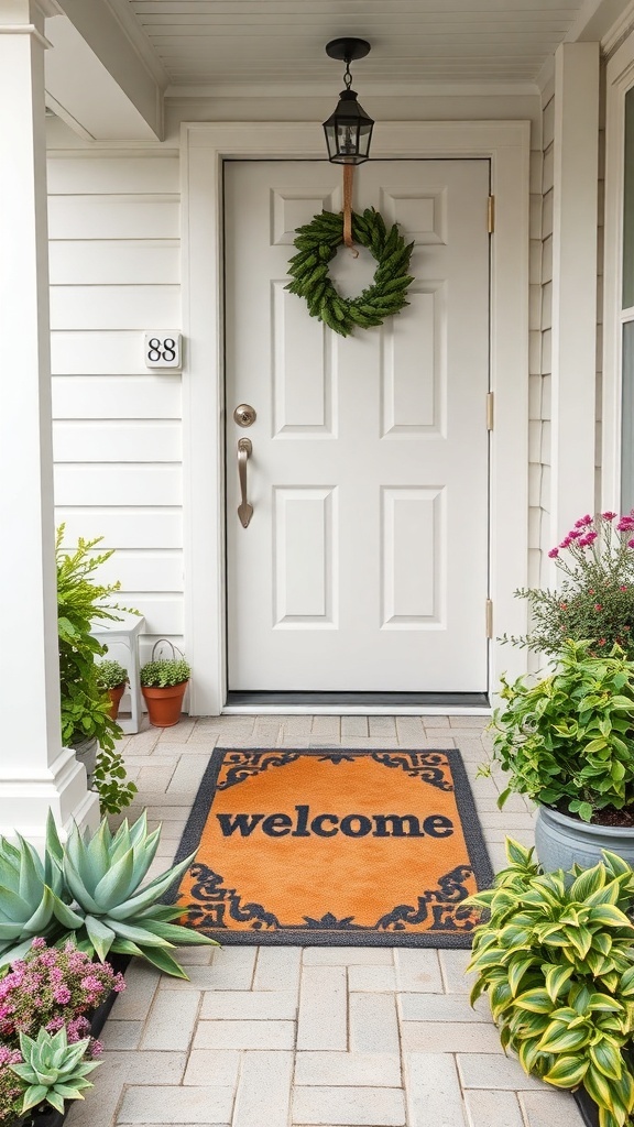 A charming welcome mat on a front porch with plants and a door.