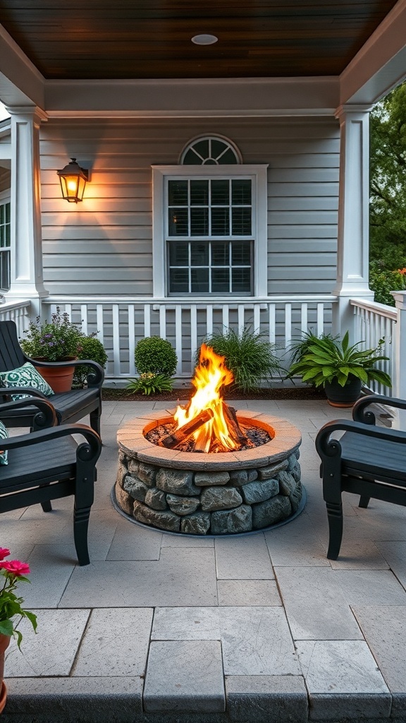 Cozy fire pit surrounded by chairs on a front porch