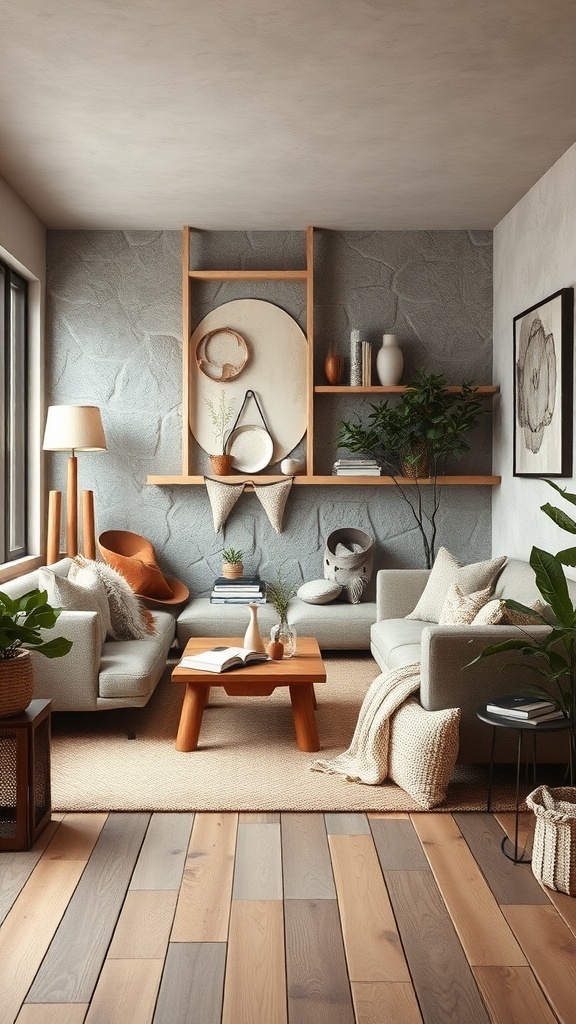 A cozy living room with natural textures and earthy tones, featuring soft furniture, wooden elements, and plants.
