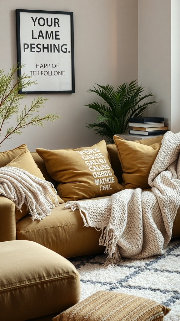 Cozy living room with olive green decor, featuring soft cushions, a knitted throw, and a plant.