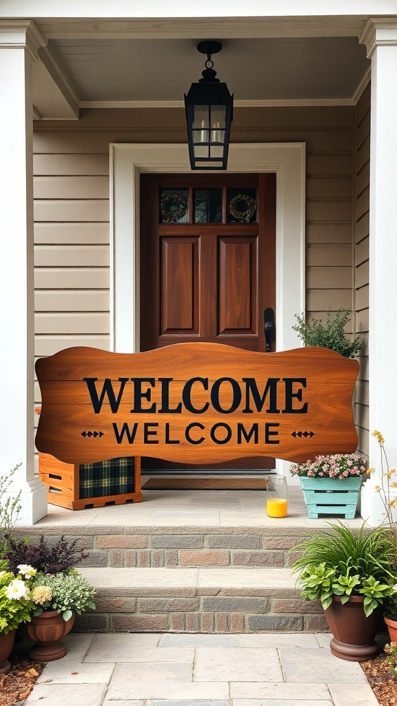 A wooden welcome sign on a front porch with potted plants and a cozy atmosphere.