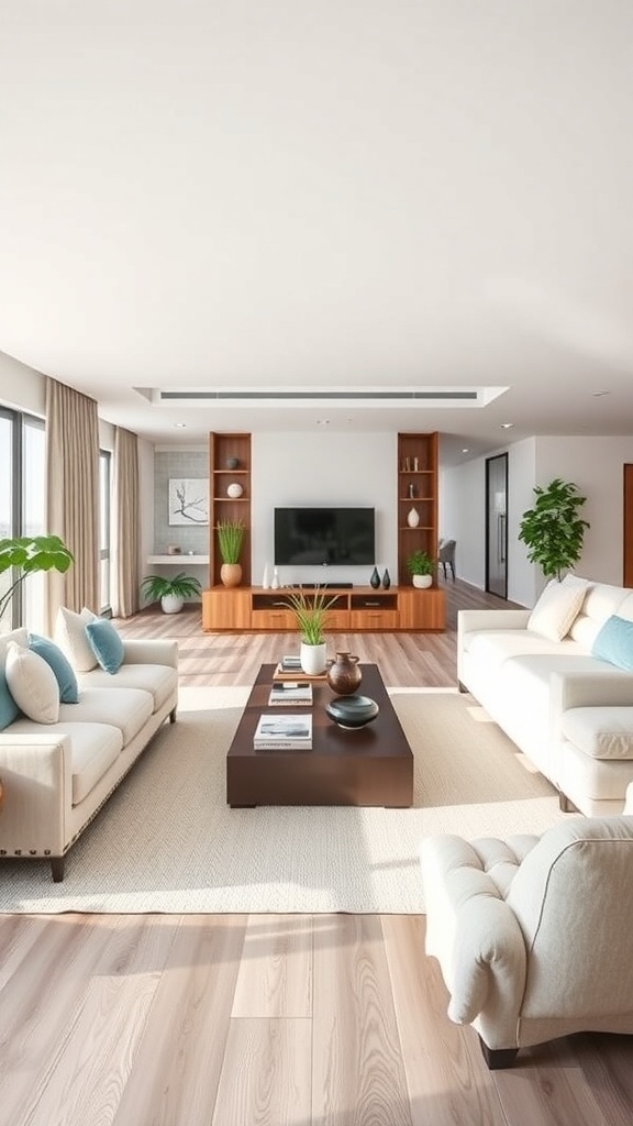 A modern living room with open space, featuring light-colored sofas, a wooden coffee table, and plants.
