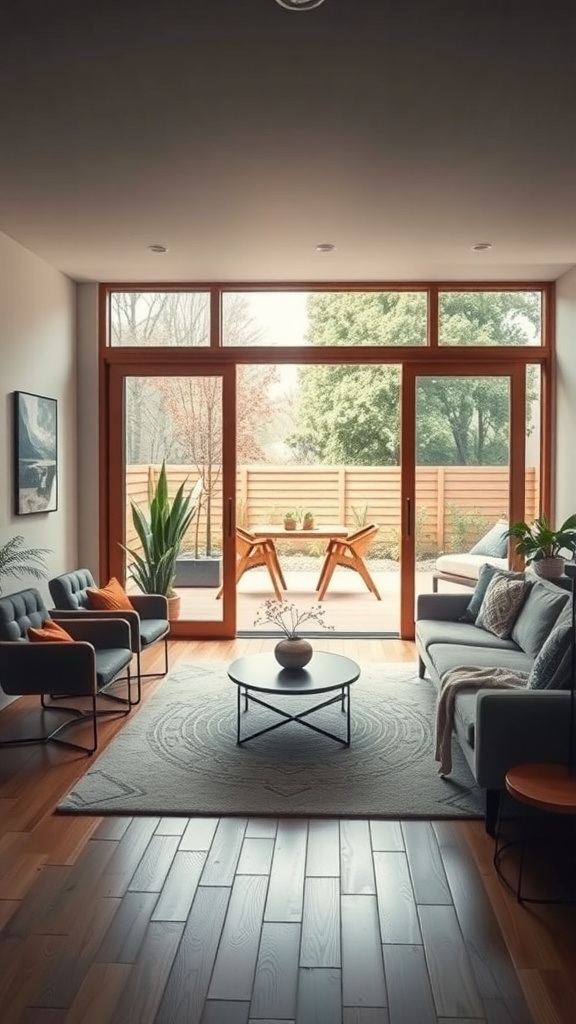 A mid-century modern living room with large glass doors leading to a patio, featuring cozy furniture and plants.
