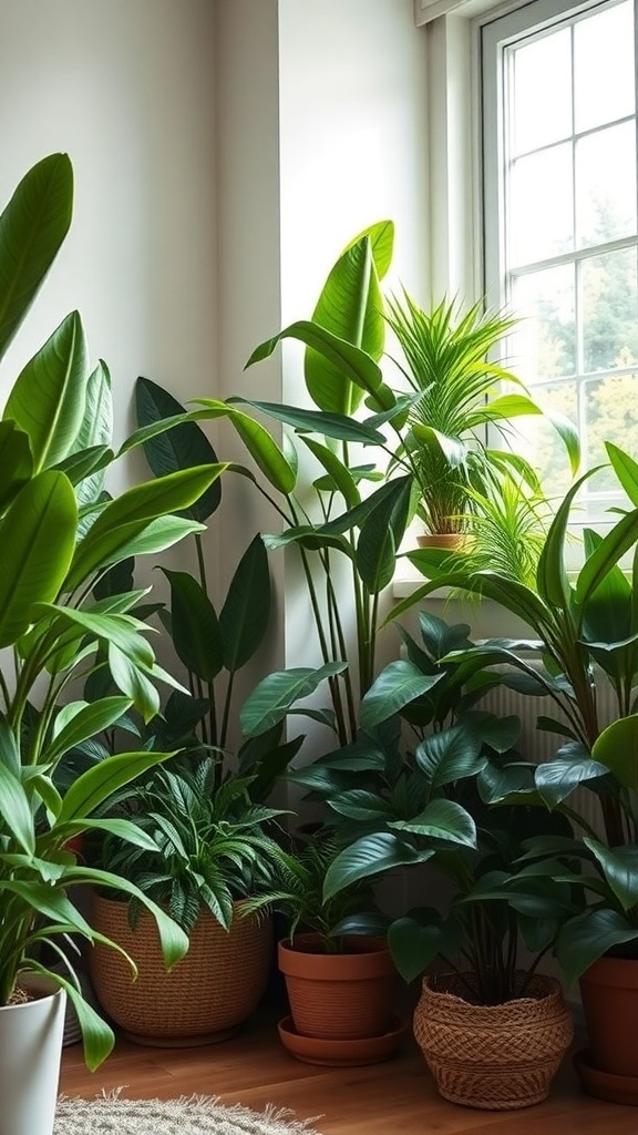 A cozy corner of a living room filled with various indoor plants near a window.