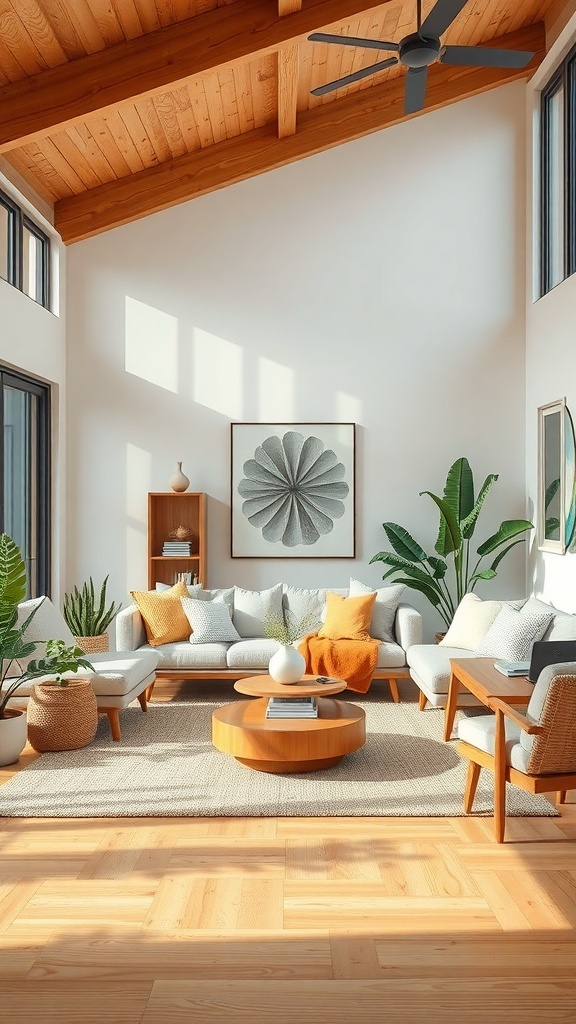 A bright mid-century modern living room with wooden beams, plants, and stylish furniture.