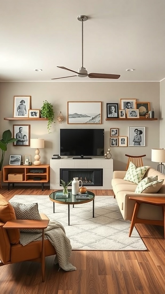 A mid century modern living room featuring a mix of furniture, framed photos, and plants.