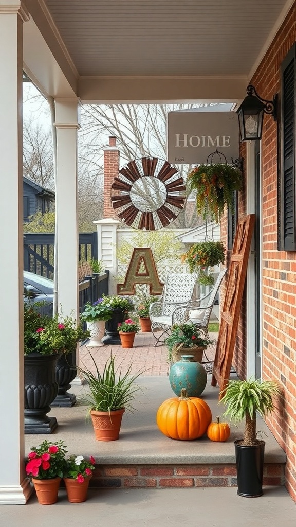 A beautifully decorated front porch with plants, a mirror, and seasonal decor.