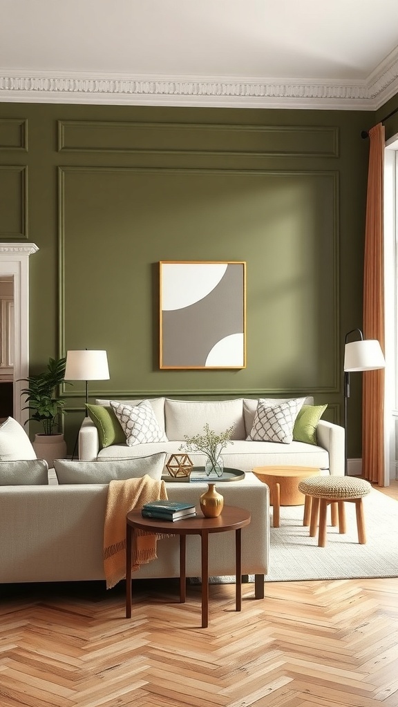 A stylish living room featuring olive green walls, light-colored furniture, and wooden flooring.