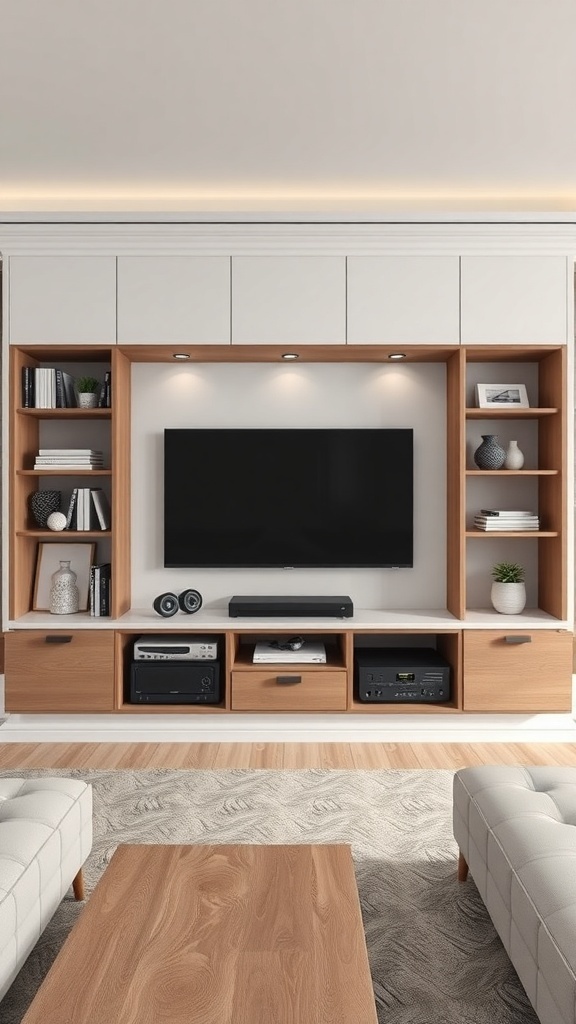 Modern media center with TV, shelves, and storage