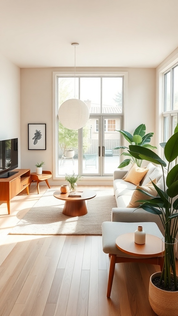 A bright mid-century modern living room with Scandinavian design elements, featuring light wood flooring, a cozy sofa, and plants.